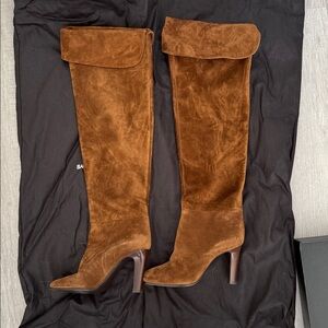 Sophisticated brown suede over the knee high heeled boots from Saint Laurent